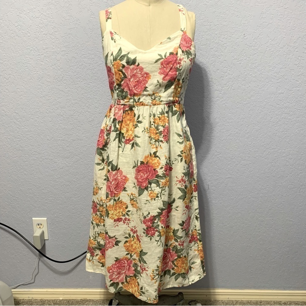 Cynthia Rowley Linen Floral Spaghetti Strap Pockets Lined Midi Dress
